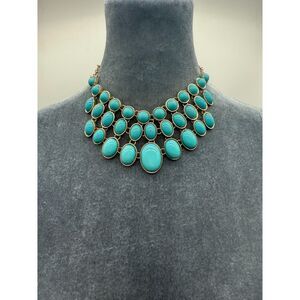 Statement Necklace Aqua Blue/ green gold tone bib